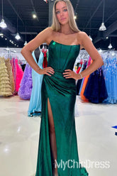 Long Metallic Prom Dress Dark Green Strapless Sheath With Split